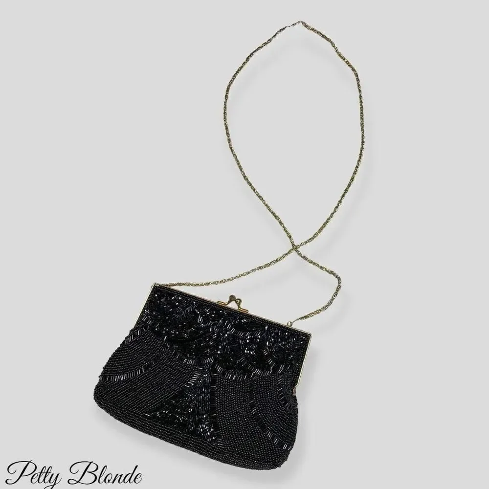 Elegant Black Beaded Clutch: Stunning Beadwork,‎ Dainty Strap, & Bronze Hardware